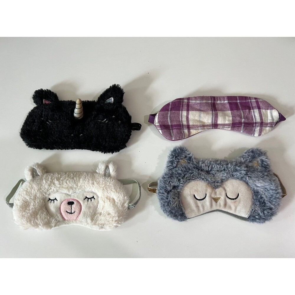 4 Kids Child Sleeping Animal Eye Masks  - Unicorn, Bear, Cat, Purple Plaid
